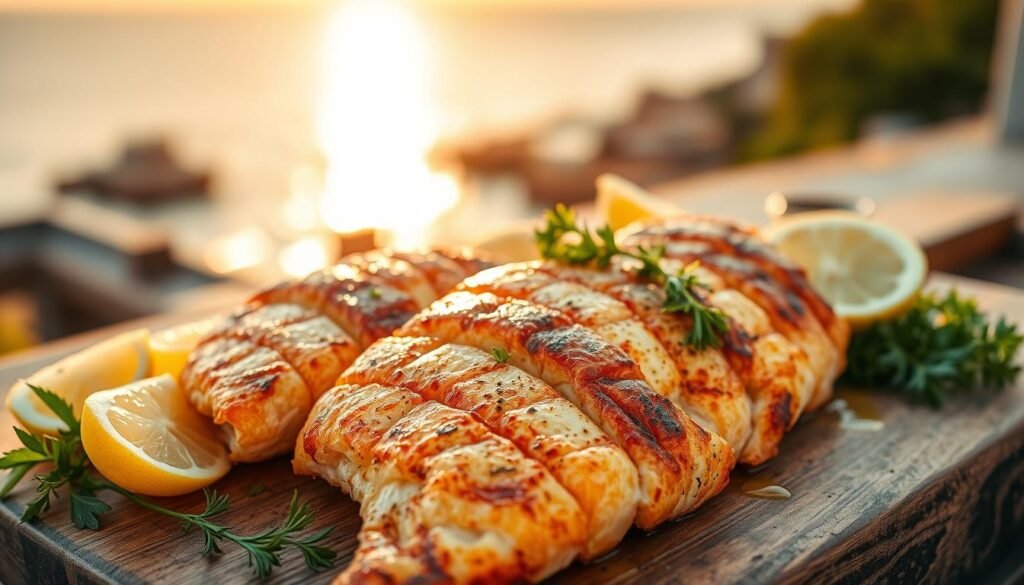 A mouthwatering close-up of freshly grilled Mediterranean fish, with golden-brown fillets glistening under the warm glow of a setting sun. The fish are arranged on a rustic wooden board, surrounded by vibrant herbs, lemon wedges, and a drizzle of fragrant olive oil. In the background, a blurred view of a sun-drenched coastal landscape, hinting at the origins of these ocean-fresh flavors. The lighting is soft and natural, casting dramatic shadows that accentuate the delicate texture of the fish. The overall composition evokes the simple yet elegant culinary traditions of the Mediterranean region.