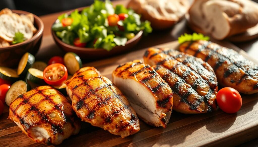 A mouthwatering display of perfectly grilled chicken dishes, deliciously seasoned and seared to a golden-brown finish. Tender, juicy chicken breasts paired with vibrant roasted vegetables, such as zucchini, bell peppers, and cherry tomatoes. The table is set with a rustic wooden platter, complemented by a fresh salad and crusty bread. Warm, directional lighting casts a inviting glow, casting shadows that accentuate the succulent texture of the chicken. The scene evokes the comforting aromas and flavors of a satisfying, home-cooked dinner, perfect for a family gathering or a casual get-together with friends.