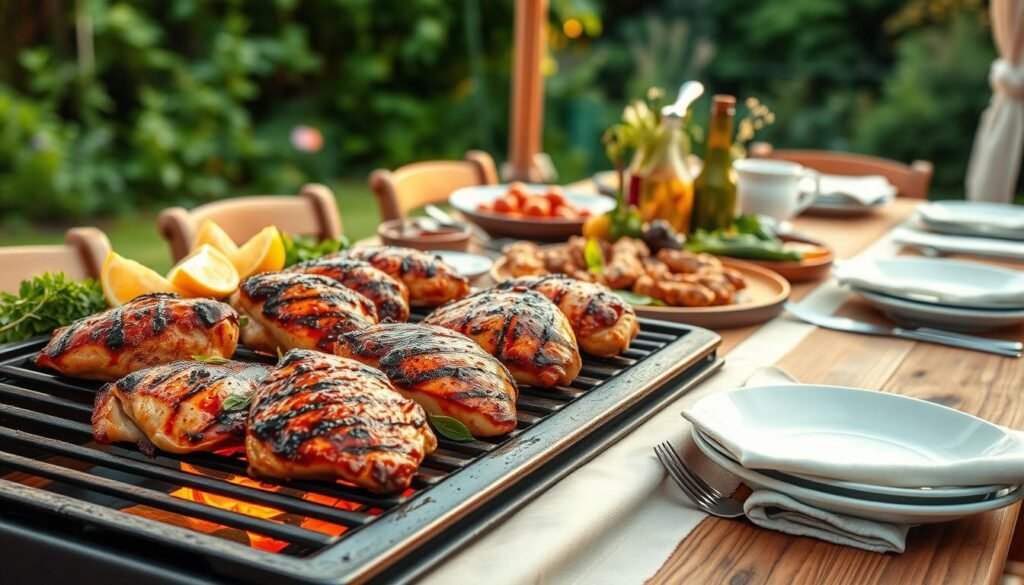 A mouthwatering grilled chicken dinner with vibrant marinades, set against a rustic outdoor scene. In the foreground, juicy chicken breasts sizzle over an open grill, their surfaces glistening with a rich, caramelized glaze. Surrounding the grill, a variety of fresh herbs, citrus wedges, and spices are artfully arranged, hinting at the complex flavors within. The middle ground features an inviting wooden table, adorned with a crisp linen tablecloth and set with plates, utensils, and napkins, ready to host this al fresco feast. In the background, a lush garden or verdant landscape frames the scene, creating a tranquil, summertime ambiance. Warm, golden lighting casts a soft, natural glow over the entire composition, heightening the appetizing appeal of this grilled chicken dinner. A mouthwatering grilled chicken dinner with vibrant marinades, set against a rustic outdoor scene. In the foreground, juicy chicken breasts sizzle over an open grill, their surfaces glistening with a rich, caramelized glaze. Surrounding the grill, a variety of fresh herbs, citrus wedges, and spices are artfully arranged, hinting at the complex flavors within. The middle ground features an inviting wooden table, adorned with a crisp linen tablecloth and set with plates, utensils, and napkins, ready to host this al fresco feast. In the background, a lush garden or verdant landscape frames the scene, creating a tranquil, summertime ambiance. Warm, golden lighting casts a soft, natural glow over the entire composition, heightening the appetizing appeal of this grilled chicken dinner.