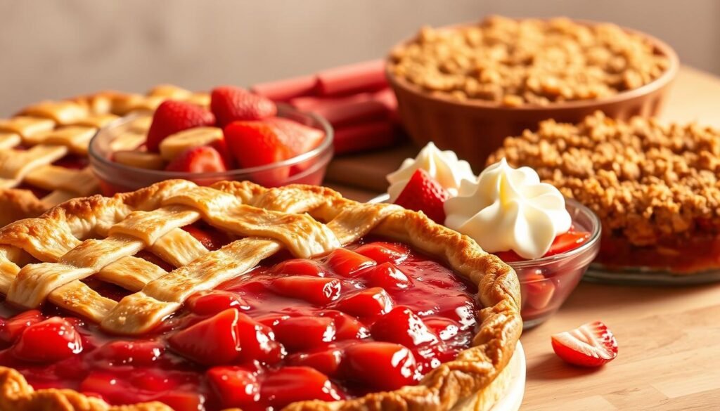 A mouthwatering tableau of classic strawberry rhubarb desserts, set against a soft, hazy backdrop. In the foreground, a flaky lattice-topped pie, its golden crust framing the vibrant crimson filling. Beside it, a delicate rhubarb compote layered with fresh strawberries and dollops of lush whipped cream. In the middle ground, a rustic rhubarb crumble, its streusel topping golden-brown and beckoning. The scene is bathed in warm, natural light, highlighting the rich, inviting textures and colors. A sense of homespun comfort and indulgence permeates the image, perfectly encapsulating the essence of this beloved seasonal pairing.