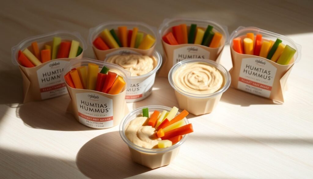 A neatly arranged assortment of hummus snack packs, each containing a small container of creamy hummus accompanied by a variety of colorful, bite-sized vegetable sticks. The packs are presented on a clean, wooden surface, bathed in soft, natural lighting that highlights the vibrant hues of the produce. The composition has a simple, minimalist elegance, conveying a sense of health, freshness, and convenience - the perfect nutritious snack for a lunchbox or on-the-go.