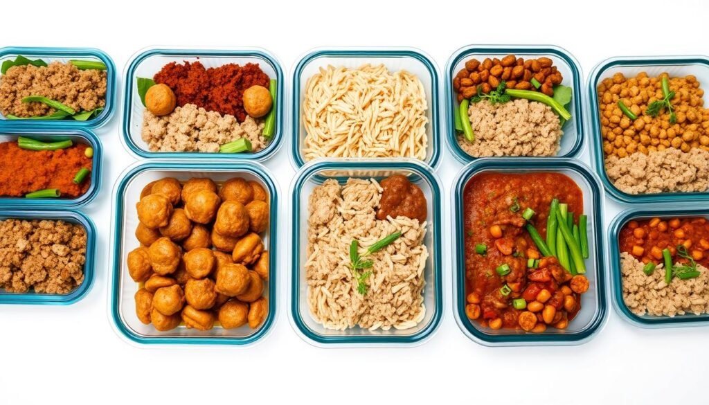 A neatly arranged assortment of meal prep containers filled with savory ground turkey dishes, showcased against a clean, bright background. The containers feature a variety of healthy, delicious-looking meals, such as turkey meatballs, turkey burgers, and turkey chili. The lighting is soft and natural, highlighting the vibrant colors and textures of the food. The composition is well-balanced, with the containers strategically placed to create an appealing and appetizing display. The overall mood is one of simplicity, efficiency, and wholesome nutrition, perfectly capturing the essence of "Ground Turkey for Meal Prep."