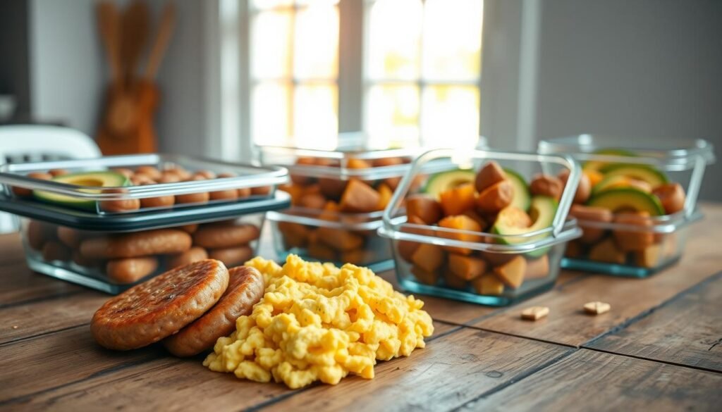 A neatly arranged breakfast sausage meal prep scene on a rustic wooden table. In the foreground, several perfectly cooked sausage patties sit alongside a fluffy scrambled egg mixture. Perfectly portioned into meal prep containers, the sausage and eggs are accompanied by roasted potatoes and fresh sliced avocado. Soft natural lighting from a window casts a warm glow over the scene, highlighting the textures and colors. The overall mood is one of simplicity, health, and culinary efficiency - an appetizing and practical breakfast solution for busy mornings.
