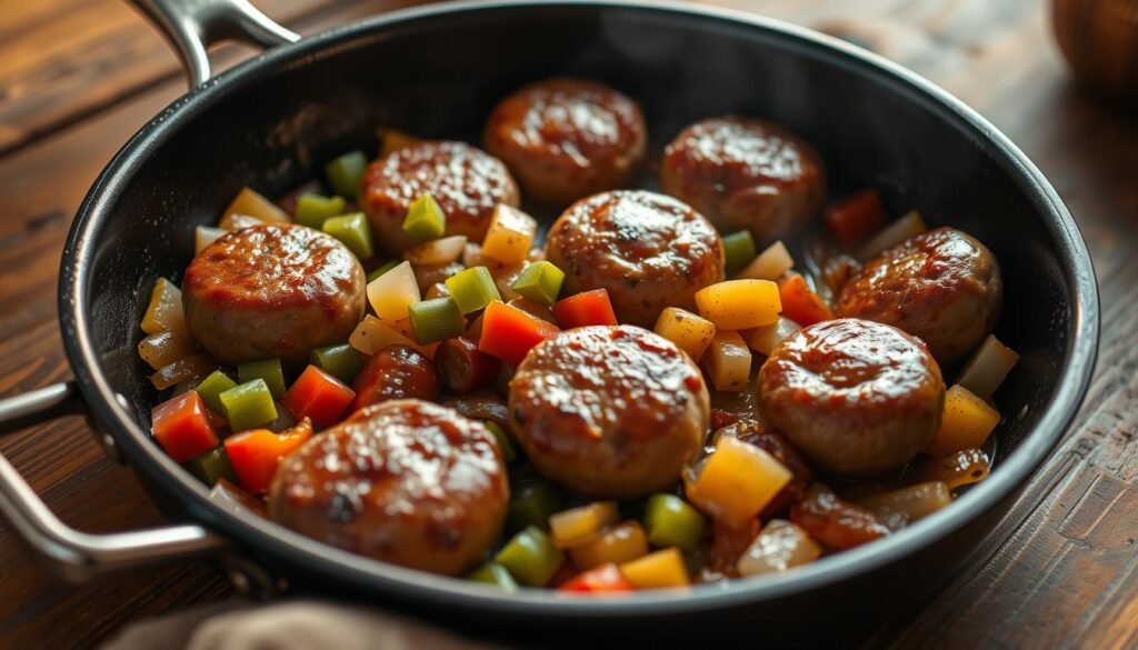 A neatly arranged breakfast sausage skillet, sizzling with juicy patties, diced peppers, and onions, nestled on a rustic wooden table. The skillet is bathed in warm, soft lighting, casting a cozy, inviting glow. Plump, golden-brown sausages are carefully placed, their savory aroma wafting through the air. Vibrant green and red bell pepper pieces add a touch of color, while caramelized onion slivers provide depth and sweetness. The scene evokes a homey, comforting atmosphere, perfect for an effortless and hearty breakfast or brunch.