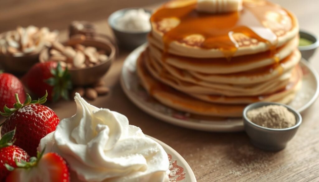 A neatly arranged composition of essential ingredients for authentic Japanese pancakes. In the foreground, ripe strawberries, light and fluffy whipped cream, and a dusting of powdered sugar. In the middle ground, a stack of golden-brown, perfectly textured pancakes, drizzled with a delicate honey glaze. In the background, a selection of traditional toppings - slivered almonds, shredded coconut, and a small dish of smooth, creamy matcha powder. The scene is illuminated by soft, natural lighting, creating a warm, inviting atmosphere. The overall mood is one of simplicity, elegance, and the celebration of high-quality, authentic Japanese culinary traditions. A neatly arranged composition of essential ingredients for authentic Japanese pancakes. In the foreground, ripe strawberries, light and fluffy whipped cream, and a dusting of powdered sugar. In the middle ground, a stack of golden-brown, perfectly textured pancakes, drizzled with a delicate honey glaze. In the background, a selection of traditional toppings - slivered almonds, shredded coconut, and a small dish of smooth, creamy matcha powder. The scene is illuminated by soft, natural lighting, creating a warm, inviting atmosphere. The overall mood is one of simplicity, elegance, and the celebration of high-quality, authentic Japanese culinary traditions.