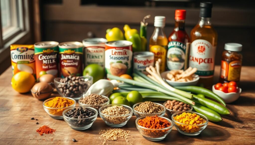 A neatly arranged still life of essential Caribbean pantry staples on a rustic wooden table, bathed in warm, natural lighting. In the foreground, a mix of vibrant spices in small bowls - turmeric, cumin, allspice, and peppercorns. In the middle ground, a selection of canned goods - coconut milk, kidney beans, and crushed tomatoes. Alongside them, fresh produce like limes, scallions, and scotch bonnet peppers. In the background, a few staple sauces and condiments like Jamaican jerk seasoning, hot sauce, and Worcestershire sauce. The overall mood is one of simplicity, practicality, and the vibrant flavors of the Caribbean.