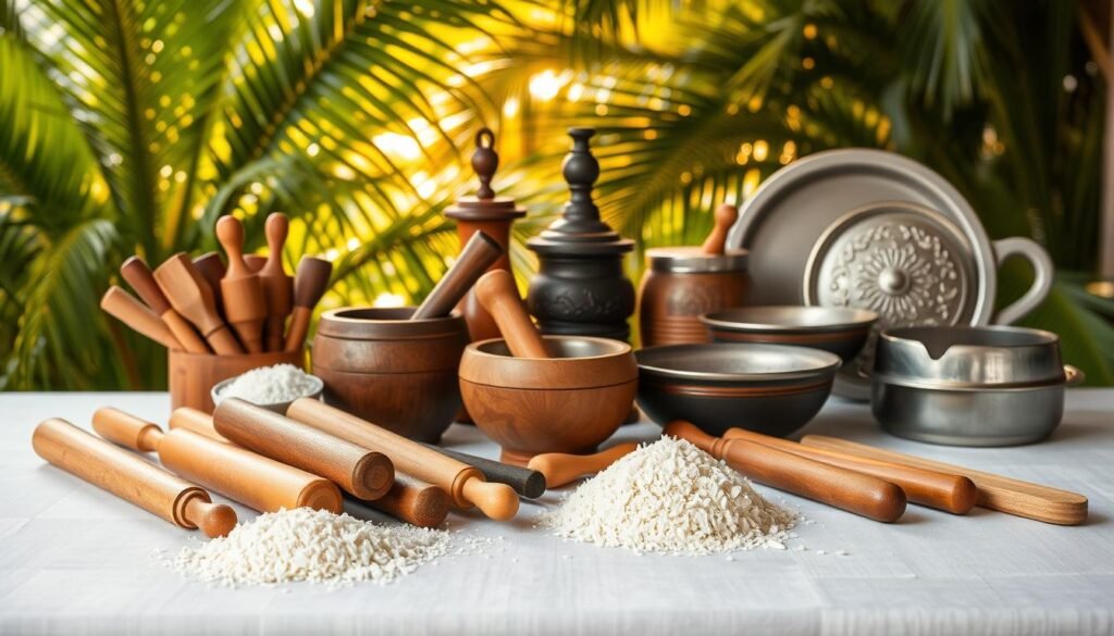A neatly arranged table showcases an assortment of Caribbean baking equipment and tools. In the foreground, a colorful array of wooden rolling pins, pastry brushes, and grated coconut stands out. The middle ground features a mortar and pestle, a traditional spice grinder, and a selection of baking pans with intricate designs. In the background, a backdrop of lush tropical foliage and a warm, golden lighting create a vibrant, authentic Caribbean atmosphere. The scene conveys a sense of tradition, craftsmanship, and the rich culinary heritage of the region.