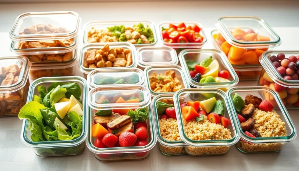 A neatly organized collection of meal prep containers filled with a variety of fresh, summer-inspired dishes. The foreground features an assortment of lidded, glass or plastic containers showcasing vibrant, healthy ingredients like grilled chicken, roasted vegetables, quinoa, and fresh fruit. Crisp, natural lighting illuminates the scene, casting a warm, inviting glow. The middle ground offers a clean, minimalist backdrop, perhaps a light-colored countertop or wooden table, allowing the colorful meal prep to take center stage. The overall atmosphere evokes a sense of purposeful, effortless meal planning, perfect for beating the summer heat with nourishing, make-ahead dinners.