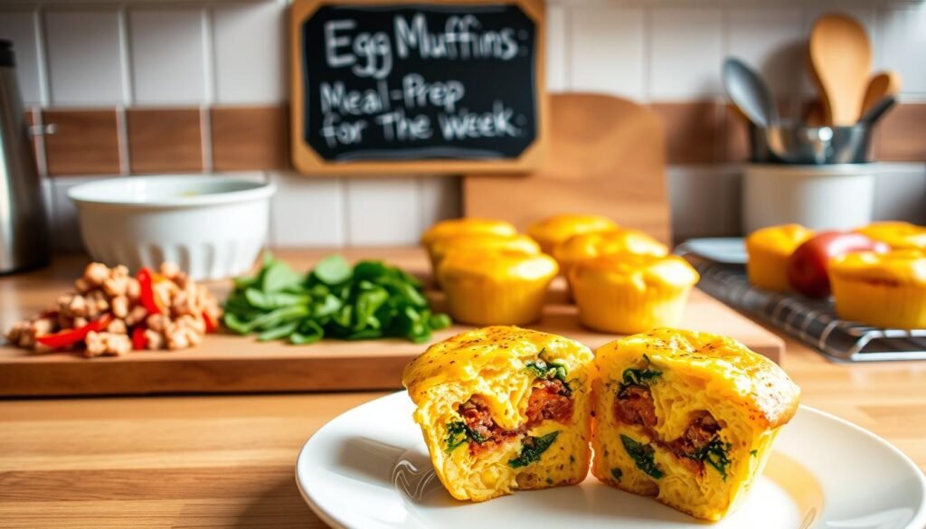 A neatly organized kitchen counter with a mouthwatering array of freshly baked egg muffins, their golden-brown tops glistening under warm, soft lighting. In the foreground, a plate showcases the perfect cross-section of an egg muffin, revealing layers of fluffy egg, flavorful vegetables, and savory meats. In the middle ground, a cutting board displays the raw ingredients - diced peppers, spinach, and crumbled sausage - ready to be portioned and baked. Hanging above, a chalkboard sign reads "Egg Muffins: Meal Prep for the Week" in a playful, hand-drawn style. The overall atmosphere is cozy, inviting, and brimming with the promise of a delicious, hassle-free breakfast.