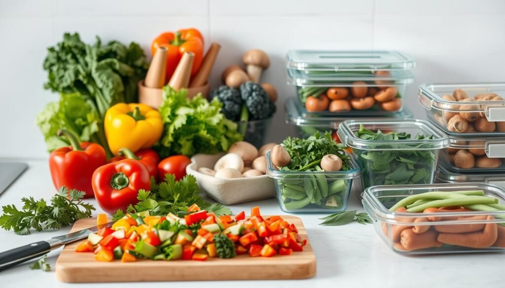 A neatly organized kitchen counter with various colorful vegetable ingredients, including leafy greens, bell peppers, mushrooms, and fresh herbs. In the foreground, a cutting board showcases a variety of chopped vegetables, while glass containers and meal prep storage boxes sit nearby, ready to hold the prepared dishes. Soft, even lighting illuminates the scene, with a minimalist, airy atmosphere that emphasizes the fresh, wholesome nature of vegetarian meal preparation. The image conveys a sense of efficiency, organization, and a commitment to healthy eating.