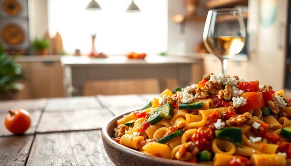 A nourishing vegetarian pasta dinner set against a warm, inviting backdrop. In the foreground, an array of freshly cooked pasta shapes, dressed in a vibrant tomato-based sauce and sprinkled with tender vegetables like zucchini, bell peppers, and mushrooms. Crushed walnuts and crumbled feta cheese lend a delightful crunch and tanginess. The middle ground features a rustic wooden table, with a simple linen tablecloth and a glass of chilled white wine. In the background, a softly lit kitchen, with clean lines and natural wood accents, creates a cozy, homey atmosphere. Soft, diffused lighting washes over the scene, enhancing the appetizing aromas and textures of the vegetarian pasta dish.