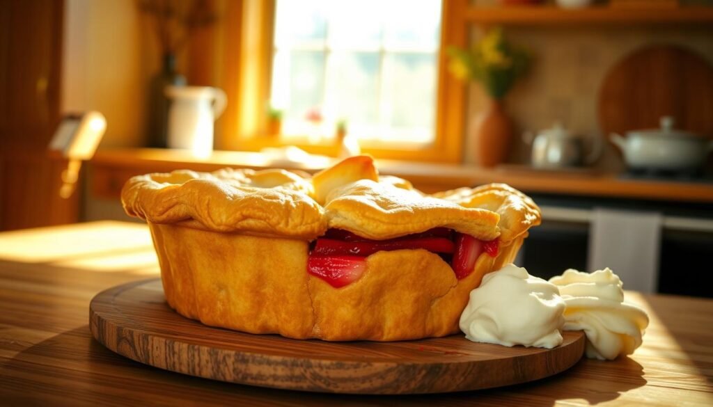 A perfectly baked, golden-brown rhubarb pie, fresh from the oven, sitting atop a wooden table. The flaky, buttery crust envelops the vibrant crimson-colored rhubarb filling, its tart and tangy notes balanced by a hint of sweetness. Sunlight filters through a nearby window, casting a warm glow on the scene. The pie is accompanied by a scoop of creamy vanilla ice cream, its cold creaminess providing a delightful contrast to the warm, comforting pie. In the background, a simple, rustic kitchen setting with natural wood tones and subtle decorative accents, creating a cozy, homey atmosphere. Depth of field emphasizes the pie as the focal point, inviting the viewer to savor each delectable bite.