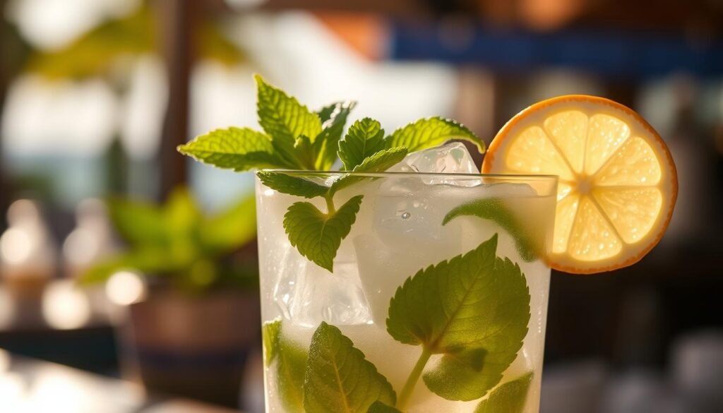 A perfectly crafted traditional Cuban mojito, with crystal-clear ice cubes glistening in the warm tropical sunlight. Fresh mint leaves are delicately arranged, their vibrant green hues contrasting with the pale lime wedge perched on the rim of a tall glass. The liquid itself is a captivating blend of translucent white rum and effervescent club soda, with a gentle lime tang and a subtle sweetness. The overall scene evokes the laid-back, sophisticated charm of a Caribbean beach bar, inviting the viewer to sit back, relax and savor the flavors of this iconic island cocktail.