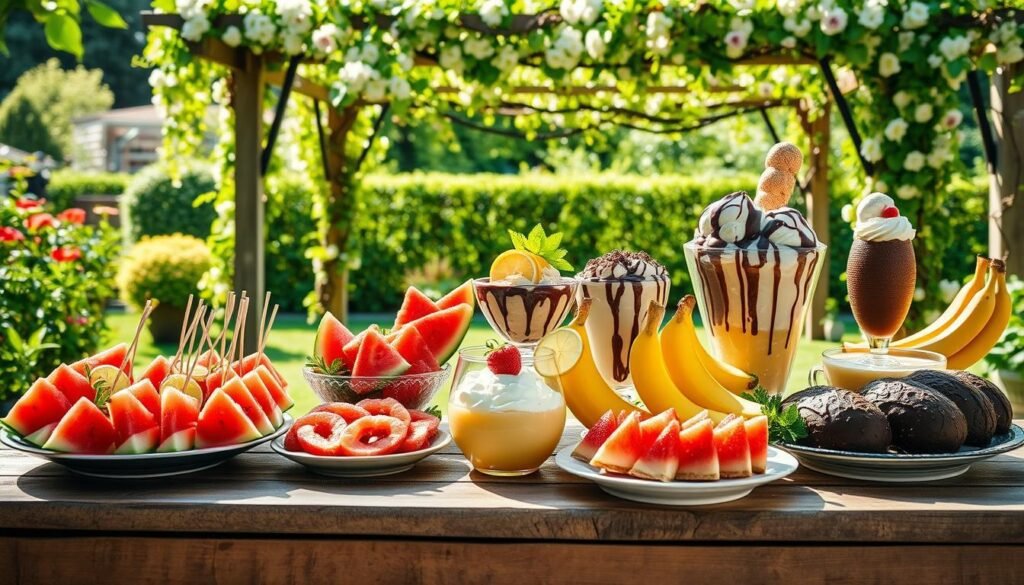 A picturesque outdoor scene bathed in warm summer light, featuring an array of crowd-pleasing desserts arranged artfully on a rustic wooden table. In the foreground, a selection of refreshing fruit-based treats, such as vibrant fruit skewers, chilled watermelon slices, and a creamy no-bake lemon tart. The middle ground showcases decadent chocolate-dipped frozen bananas and a towering ice cream sundae bar with an assortment of toppings. In the background, a lush green garden setting with a pergola draped in blooming vines, creating a serene and inviting atmosphere for an alfresco summer gathering. The overall composition is balanced, with a focus on the visually appealing and tempting desserts that are sure to delight guests. A picturesque outdoor scene bathed in warm summer light, featuring an array of crowd-pleasing desserts arranged artfully on a rustic wooden table. In the foreground, a selection of refreshing fruit-based treats, such as vibrant fruit skewers, chilled watermelon slices, and a creamy no-bake lemon tart. The middle ground showcases decadent chocolate-dipped frozen bananas and a towering ice cream sundae bar with an assortment of toppings. In the background, a lush green garden setting with a pergola draped in blooming vines, creating a serene and inviting atmosphere for an alfresco summer gathering. The overall composition is balanced, with a focus on the visually appealing and tempting desserts that are sure to delight guests.
