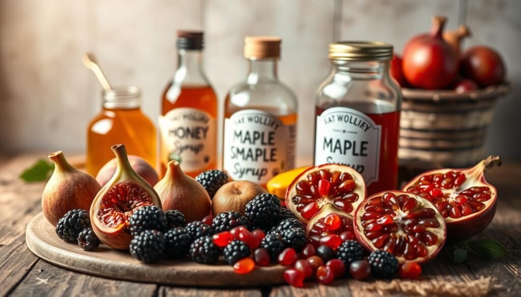 A picturesque still life featuring an assortment of naturally sweetened alternatives displayed on a rustic wooden table. In the foreground, a selection of whole fruits and berries, such as ripe figs, juicy blackberries, and vibrant pomegranate arils, arranged with care. In the middle ground, glass jars filled with raw honey, maple syrup, and date syrup, their labels prominently displayed. The background is softly lit, highlighting the natural textures and colors of the scene, creating a warm, inviting atmosphere. The overall composition conveys a sense of health, wellness, and the celebration of nature's sweetest offerings. A picturesque still life featuring an assortment of naturally sweetened alternatives displayed on a rustic wooden table. In the foreground, a selection of whole fruits and berries, such as ripe figs, juicy blackberries, and vibrant pomegranate arils, arranged with care. In the middle ground, glass jars filled with raw honey, maple syrup, and date syrup, their labels prominently displayed. The background is softly lit, highlighting the natural textures and colors of the scene, creating a warm, inviting atmosphere. The overall composition conveys a sense of health, wellness, and the celebration of nature's sweetest offerings.
