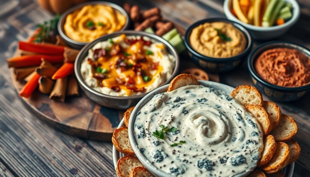 A platter of classic holiday dips set on a rustic wooden table, with a soft, warm lighting illuminating the creamy, inviting textures. In the foreground, a bowl of creamy spinach artichoke dip, garnished with fresh herbs and served with crisp crostini. In the middle, a decadent bacon-cheddar dip, surrounded by tender pretzel bites. In the background, a tangy, vibrant red pepper hummus, accompanied by colorful vegetable sticks. The scene exudes a cozy, inviting atmosphere, perfect for an effortless Thanksgiving gathering. A platter of classic holiday dips set on a rustic wooden table, with a soft, warm lighting illuminating the creamy, inviting textures. In the foreground, a bowl of creamy spinach artichoke dip, garnished with fresh herbs and served with crisp crostini. In the middle, a decadent bacon-cheddar dip, surrounded by tender pretzel bites. In the background, a tangy, vibrant red pepper hummus, accompanied by colorful vegetable sticks. The scene exudes a cozy, inviting atmosphere, perfect for an effortless Thanksgiving gathering.