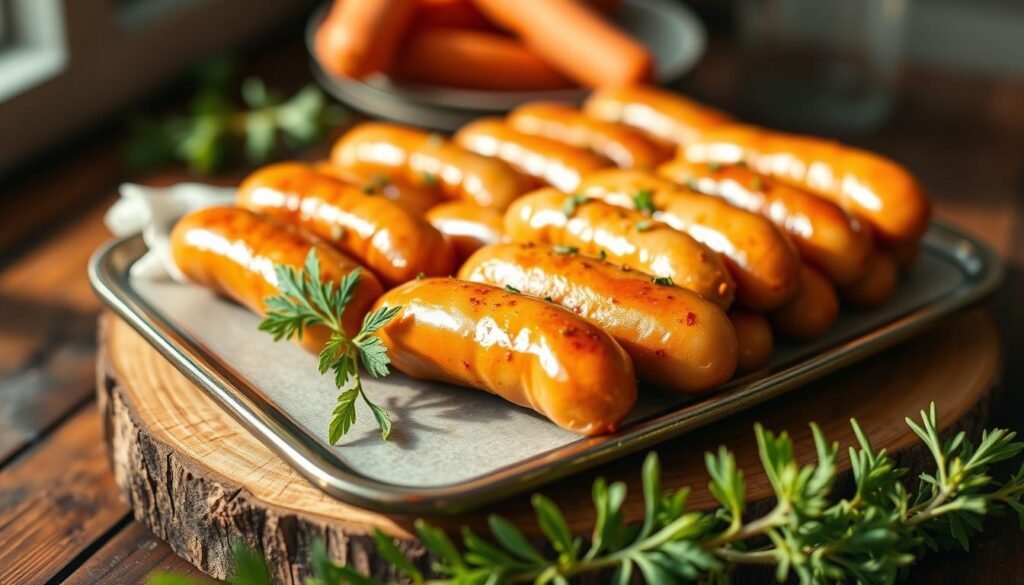 A platter of perfectly arranged party sausage appetizers, nestled on a rustic wooden surface. The sausages are golden-brown, glistening with a light glaze and garnished with fresh herbs. They are artfully arranged in an inviting, visually appealing display. The lighting is soft and natural, creating a warm, cozy atmosphere. The image is captured from a slightly elevated angle, showcasing the delectable spread in an enticing manner. The background is blurred, allowing the sausage appetizers to be the main focus, drawing the viewer's attention to this delectable summer delight. A platter of perfectly arranged party sausage appetizers, nestled on a rustic wooden surface. The sausages are golden-brown, glistening with a light glaze and garnished with fresh herbs. They are artfully arranged in an inviting, visually appealing display. The lighting is soft and natural, creating a warm, cozy atmosphere. The image is captured from a slightly elevated angle, showcasing the delectable spread in an enticing manner. The background is blurred, allowing the sausage appetizers to be the main focus, drawing the viewer's attention to this delectable summer delight.