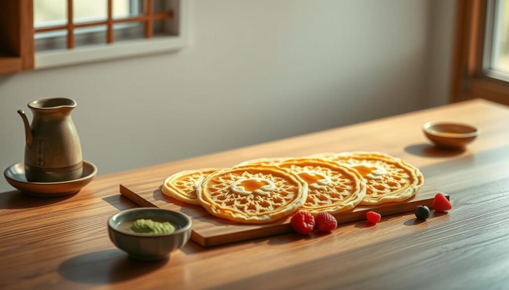A pristine, minimalist Japanese kitchen setting, with a focus on a wooden table showcasing beautifully crafted Japanese pancakes. The pancakes are light and fluffy, with a golden-brown exterior and a delicate, lacy pattern. Arrange the pancakes in an artful, symmetrical display, accompanied by a small ceramic dish of matcha powder, a drizzle of honey, and a scattering of fresh berries. Soft, natural lighting from a nearby window illuminates the scene, casting warm, even shadows. The overall atmosphere is serene, elegant, and inviting, capturing the essence of traditional Japanese culinary excellence. A pristine, minimalist Japanese kitchen setting, with a focus on a wooden table showcasing beautifully crafted Japanese pancakes. The pancakes are light and fluffy, with a golden-brown exterior and a delicate, lacy pattern. Arrange the pancakes in an artful, symmetrical display, accompanied by a small ceramic dish of matcha powder, a drizzle of honey, and a scattering of fresh berries. Soft, natural lighting from a nearby window illuminates the scene, casting warm, even shadows. The overall atmosphere is serene, elegant, and inviting, capturing the essence of traditional Japanese culinary excellence.