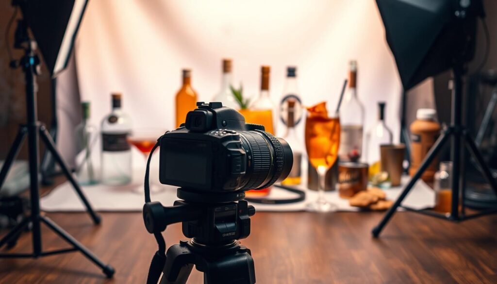 A professional photography setup for capturing captivating alcoholic drink images. In the foreground, a high-end DSLR camera with a macro lens and a sturdy tripod, positioned at a low angle to showcase the intricate details of the drink. In the middle ground, various props like glassware, garnishes, and lighting equipment, arranged in a visually appealing composition. The background features a soft, out-of-focus backdrop, creating a serene and inviting atmosphere, with subtle hints of the drink's setting or theme. Warm, diffused lighting from a softbox illuminates the scene, highlighting the drink's texture, color, and reflections. The overall mood is one of elegance, sophistication, and attention to detail, perfectly suited for the "Essential Gear for Photographing Drinks" section.