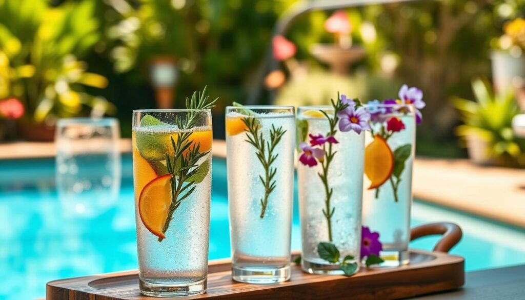 A refreshing display of low-calorie cocktails against a bright, sun-dappled backdrop. In the foreground, delicate glasses brim with sparkling waters infused with vibrant, freshly-plucked herbs - mint, rosemary, and lemon verbena. Garnishes of fruit slices and edible flowers add pops of color. The middle ground features a wooden serving tray, condensation beading on the glasses. In the background, lush greenery and hints of a poolside setting create a serene, summery atmosphere. Soft, natural lighting bathes the scene in a warm, golden glow, conveying a sense of lightness and ease. An inviting tableau of low-calorie cocktail perfection.