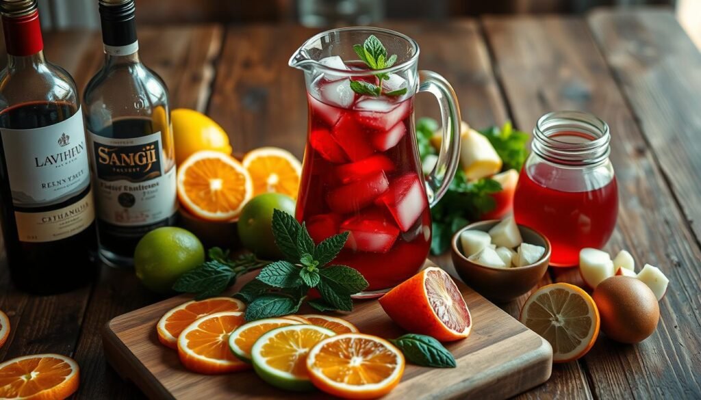 A richly colored tabletop scene showcasing the traditional ingredients for making authentic sangria. In the foreground, a wooden cutting board displays freshly sliced citrus fruits - oranges, lemons, and limes - alongside a bottle of red wine and a carafe of brandy. In the middle ground, a glass pitcher filled with ice and ruby-red wine takes center stage, surrounded by sprigs of fresh mint and a bowl of chopped apples. The background features a weathered wooden table, casting a warm, rustic ambiance evocative of old-world Spain. Soft, natural lighting illuminates the scene, creating a cozy, inviting atmosphere perfect for exploring the history and fundamentals of this classic summer drink. A richly colored tabletop scene showcasing the traditional ingredients for making authentic sangria. In the foreground, a wooden cutting board displays freshly sliced citrus fruits - oranges, lemons, and limes - alongside a bottle of red wine and a carafe of brandy. In the middle ground, a glass pitcher filled with ice and ruby-red wine takes center stage, surrounded by sprigs of fresh mint and a bowl of chopped apples. The background features a weathered wooden table, casting a warm, rustic ambiance evocative of old-world Spain. Soft, natural lighting illuminates the scene, creating a cozy, inviting atmosphere perfect for exploring the history and fundamentals of this classic summer drink.