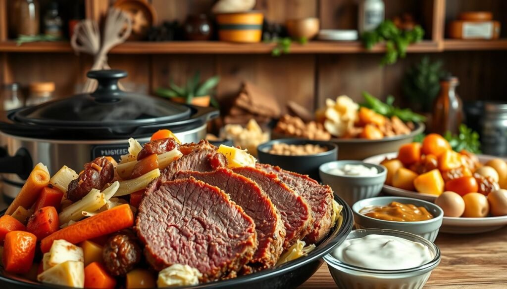 A richly detailed slow cooker scene showcasing an array of creative corned beef variations. In the foreground, a steaming slow cooker overflows with tender, juicy corned beef brisket, surrounded by an assortment of vibrant vegetables like cabbage, carrots, and potatoes. In the middle ground, artfully arranged side dishes like sauerkraut, honey-mustard glaze, and horseradish cream add pops of color and texture. The background features a cozy, rustic kitchen setting with wooden shelves, herbs, and spices, creating a warm, inviting atmosphere. Soft, natural lighting casts a gentle glow over the scene, highlighting the depth and complexity of the slow-cooked flavors.