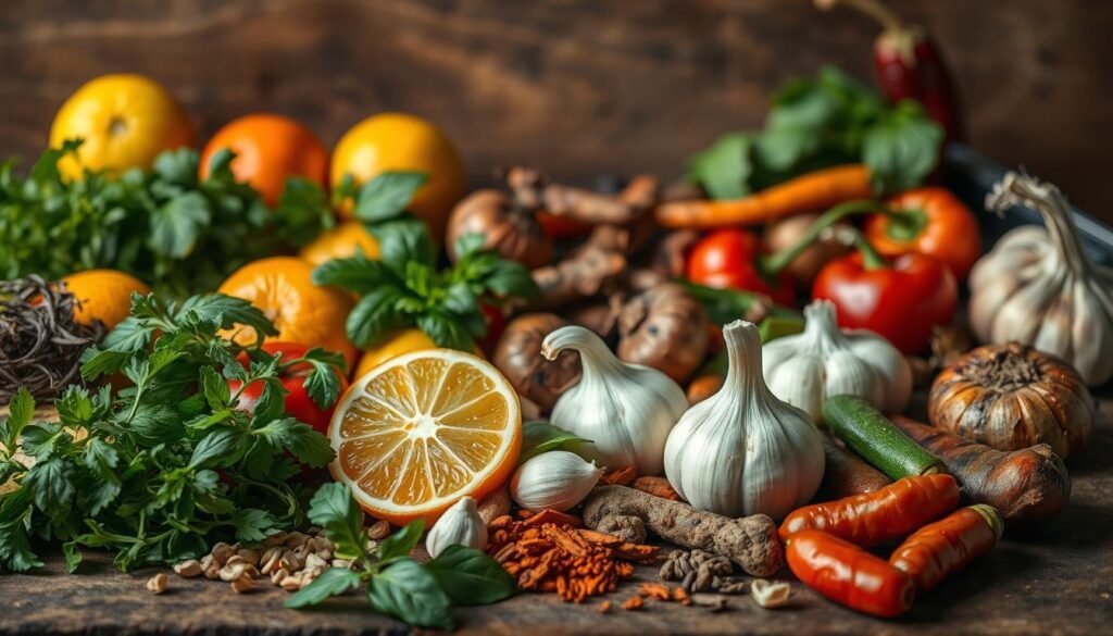 A richly textured still life image showcasing a diverse array of flavorful ingredients. In the foreground, an assortment of fresh herbs, vibrant spices, and zesty citrus fruits are arranged artfully. In the middle ground, a selection of roasted vegetables, such as garlic, onions, and peppers, emit an enticing aroma. The background features a rustic wooden surface, creating a warm, earthy ambiance. The lighting is soft and natural, accentuating the rich colors and textures of the ingredients. The composition is balanced and visually appealing, conveying the idea of flavor-enhancing cooking techniques that elevate everyday dishes.