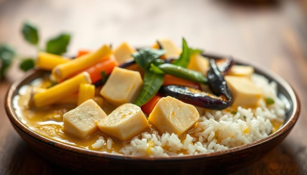 A richly vibrant Thai green curry, the aroma of lemongrass and galangal filling the air. In the foreground, silky tofu cubes nestle amidst a medley of tender vegetables - crisp baby corn, vibrant Thai eggplants, and fresh snap peas. The curry sauce glistens, its creamy coconut base infused with the complex flavors of fish sauce, lime, and fragrant herbs. Soft jasmine rice forms the foundation, delicately arranged to complement the dish. Overhead lighting casts a warm glow, highlighting the dish's alluring textures and colors. The composition is balanced, the image radiating an inviting, homestyle comfort that tantalizes the senses.