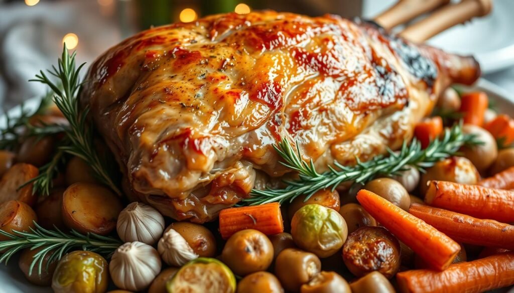 A roasted leg of lamb, golden-brown and glistening, sits atop a bed of fresh rosemary sprigs and fragrant garlic cloves. The meat is surrounded by a medley of seasonal vegetables - Brussels sprouts, baby potatoes, and carrots - all caramelized to perfection under the warm glow of soft, diffused lighting. The scene evokes a sense of cozy, festive celebration, inviting the viewer to imagine gathering around the table with loved ones to savor this mouthwatering holiday dish. The image is captured from a slightly elevated angle, emphasizing the rich, succulent texture of the lamb and the vibrant colors of the accompaniments.