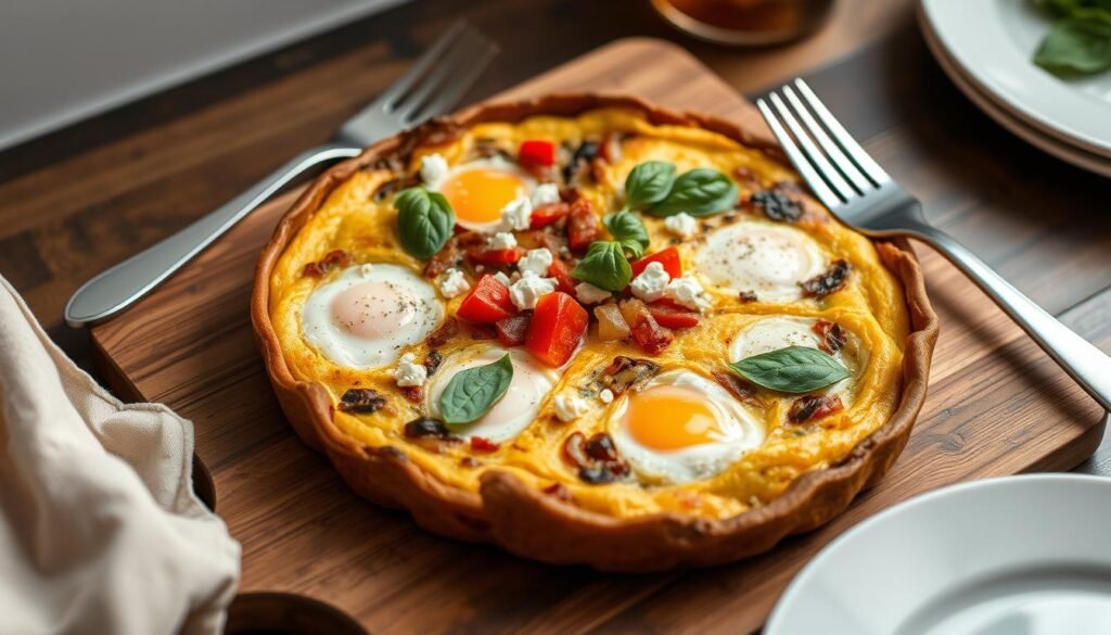 A rustic Italian-style frittata with fluffy eggs, sautéed onions, roasted red peppers, crumbled feta, and fresh basil leaves. The dish is presented on a wooden serving board, with a white ceramic plate and a fork resting next to it. Warm, soft lighting illuminates the scene, creating a cozy and inviting atmosphere. The frittata is freshly baked, with a golden-brown top and a slice gently lifted to reveal the vibrant fillings inside. The overall composition suggests a simple, yet elegant breakfast spread, perfect for a leisurely morning.