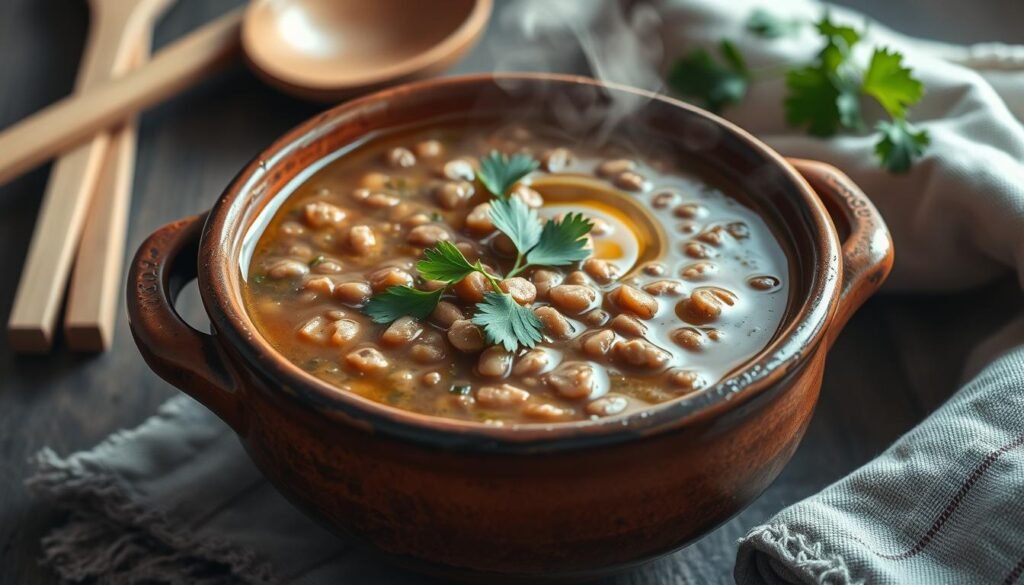 A rustic ceramic bowl filled with steaming, creamy Mediterranean lentil soup, garnished with fresh parsley and a drizzle of fragrant olive oil. The soup's deep brown hue is highlighted by the warm, indirect lighting, casting a cozy glow. In the background, a set of simple, natural wooden utensils and a linen napkin suggest a homemade, homely atmosphere. The composition emphasizes the soup's hearty texture and vibrant flavors, inviting the viewer to savor the comforting, nourishing dish.