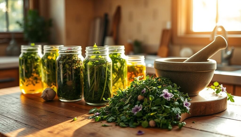 A rustic kitchen counter, warm afternoon sunlight streaming through the windows, casting a soft glow over a selection of fragrant herb infusions. In the foreground, glass jars filled with vibrant green, purple, and yellow-hued herbal concoctions, their aromatic essences infusing the air. In the middle ground, a wooden cutting board with freshly chopped herbs, their lush leaves and delicate flowers spilling across the surface. A mortar and pestle stand nearby, hinting at the process of crafting these flavorful elixirs. The background features a minimalist, earthy-toned backsplash, complementing the natural, homemade feel of the scene. The overall atmosphere is one of calm, inviting the viewer to indulge in the subtleties of these herb-infused delights and discover new ways to elevate their pasta dishes.