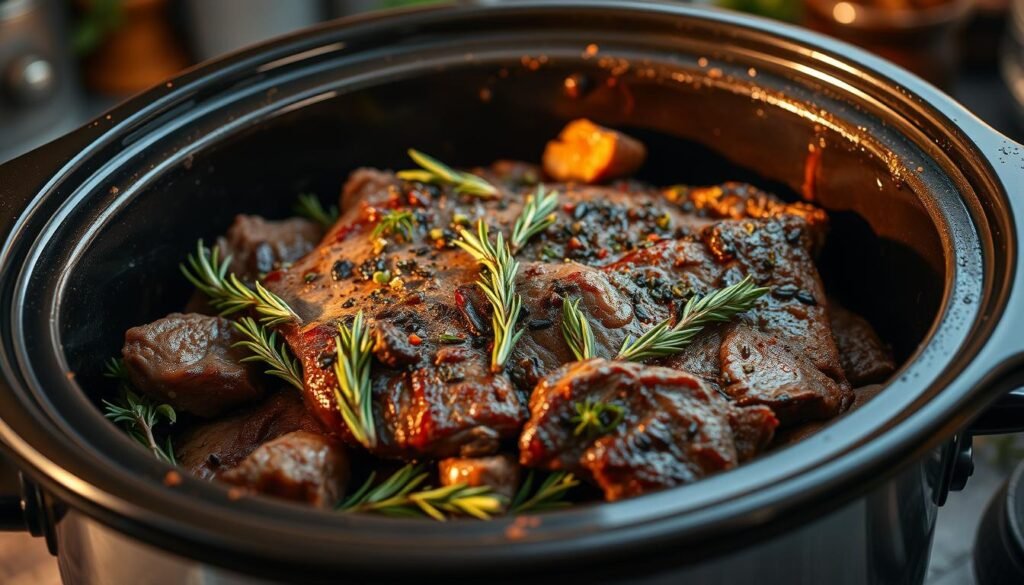 A rustic slow cooker filled with tender, juicy roast beef, surrounded by an assortment of fresh herbs and spices. The beef is beautifully seared, with a rich, caramelized exterior and a mouthwatering aroma wafting through the kitchen. Sprigs of rosemary, thyme, and oregano are scattered throughout, adding depth and complexity to the dish. The lighting is warm and cozy, casting a gentle glow on the scene, conveying a sense of comfort and home-cooked goodness. The composition is balanced, with the slow cooker positioned prominently in the foreground, while the background is blurred, keeping the focus on the star of the dish. This image perfectly captures the essence of a flavorful, slow-cooked roast beef variation, enticing the viewer to savor every bite.