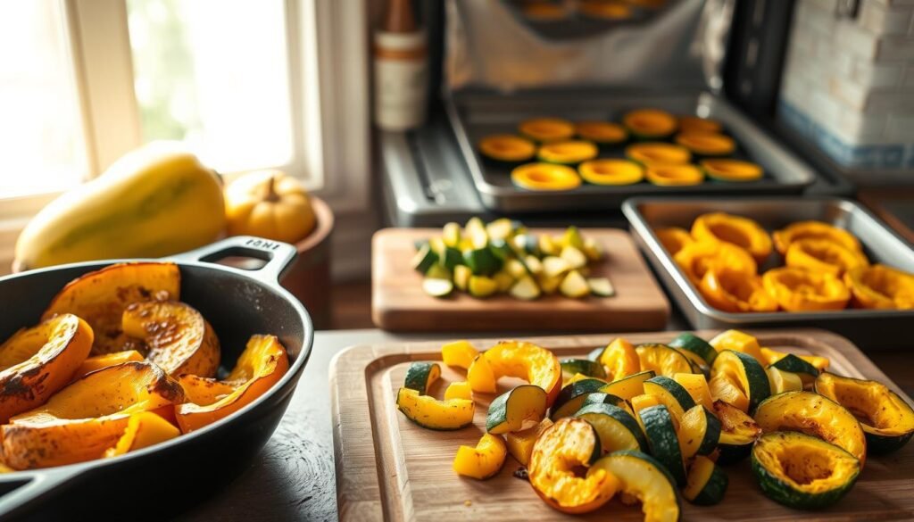 A rustic, sun-drenched kitchen scene showcasing the art of roasting summer squash. In the foreground, a cast-iron skillet sizzles with wedges of golden-roasted butternut squash, their edges caramelized to perfection. Midground, a wooden cutting board displays an array of freshly chopped zucchini and yellow squash, ready to be tossed with olive oil and spices. In the background, a large baking sheet emerges from the oven, revealing tender slices of acorn squash, their deep orange flesh glistening under the warm, diffused lighting. The composition evokes the comforting flavors and textures of easy, delectable summer squash dishes.