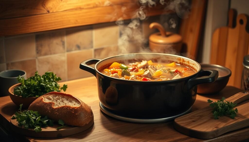 A rustic, well-lit kitchen counter showcases a hearty vegetable ham bone soup, its rich, savory aroma wafting through the air. The soup simmers in a large, cast-iron pot, steam gently rising, revealing tender vegetables and slivers of ham bone. The counter is adorned with a few fresh herbs, a crusty loaf of bread, and a simple, wooden cutting board, creating a homey, comforting scene. Soft, diffused lighting casts a warm glow, accentuating the earthy tones of the ingredients. The overall mood is one of traditional, homemade comfort, hinting at the delicious, nourishing meal to come.