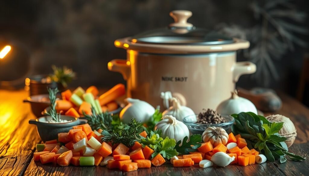 A rustic wooden table, dimly lit by warm, soft lighting, showcases an arrangement of essential ingredients for delicious crock pot soups. In the foreground, a medley of fresh vegetables - carrots, celery, onions, and garlic - are neatly chopped and ready to be simmered. Behind them, various herbs and spices, such as rosemary, thyme, and bay leaves, are arranged in small bowls, adding depth and complexity to the flavors. In the middle ground, a large, ceramic crock pot stands tall, its lid open, inviting the viewer to imagine the comforting aroma of a hearty, slow-cooked soup. The background is hazy, with a hint of steam rising from the crock pot, creating an atmosphere of relaxed, homemade culinary delight.