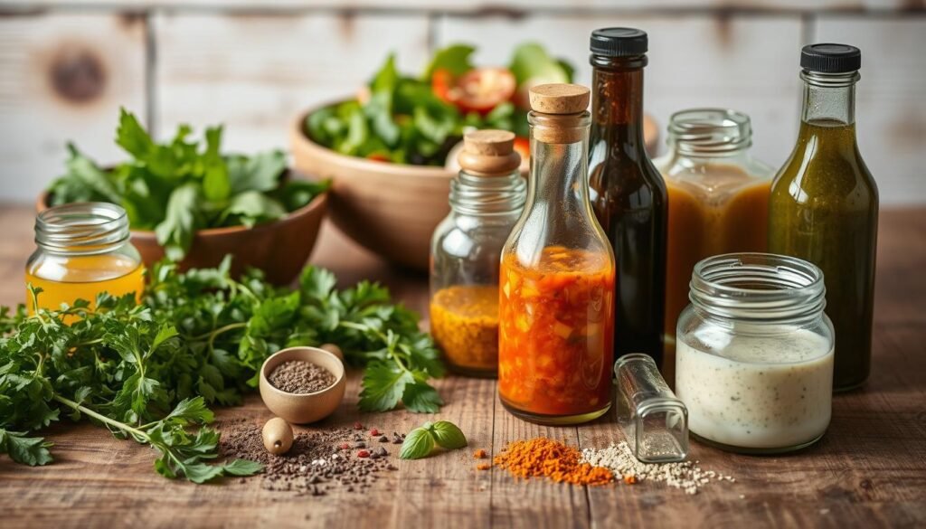A rustic wooden table, its surface adorned with an array of homemade dressings and vinaigrettes. In the foreground, a selection of glass bottles and jars filled with vibrant concoctions, their labels handwritten with care. Beside them, fresh herbs, a sprinkle of spices, and a drizzle of olive oil, creating a captivating display. In the middle ground, a lush, green salad with crisp vegetables, inviting the viewer to imagine the delicious flavors that await. The lighting is soft and natural, casting a warm glow over the scene, evoking a sense of homemade charm and culinary artistry. The overall mood is one of simplicity, freshness, and the joy of creating flavorful dressings to elevate any summer salad.