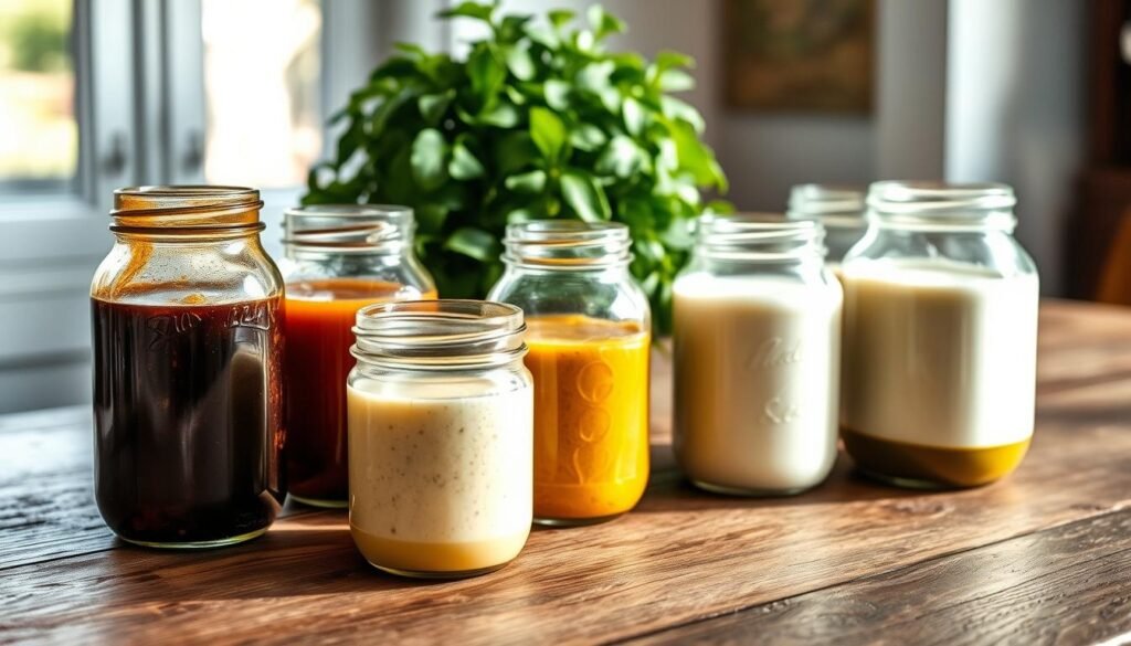 A rustic wooden table, its surface adorned with an assortment of glass jars, each containing a homemade salad dressing. The jars are neatly arranged, their contents casting soft, warm shadows across the table. The dressings vary in hue, from a vibrant balsamic vinaigrette to a creamy, pale ranch. Soft, diffused lighting from a nearby window illuminates the scene, casting a cozy, inviting atmosphere. In the background, a lush, verdant potted plant adds a touch of natural elegance. The overall composition evokes a sense of homemade, wholesome, and artisanal preparation, perfect for elevating a simple dinner salad into a satisfying and sophisticated meal.
