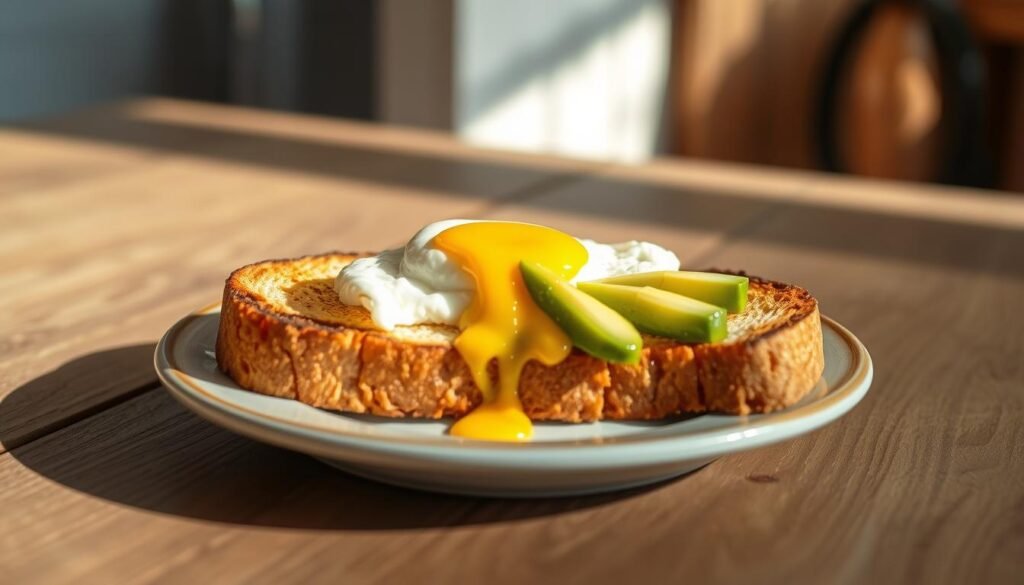 A rustic wooden table, sunlit and inviting, holds a plate of perfectly golden-brown toast, topped with a soft-cooked egg and creamy avocado slices. The toast is artfully arranged, the yolk gently oozing, and the avocado slices fanning out in an appealing pattern. A subtle background of light kitchen tiles and the warm glow of natural daylight create a cozy, homey atmosphere. The image is captured with a slightly elevated, angled perspective, highlighting the delectable details of this modern breakfast classic.