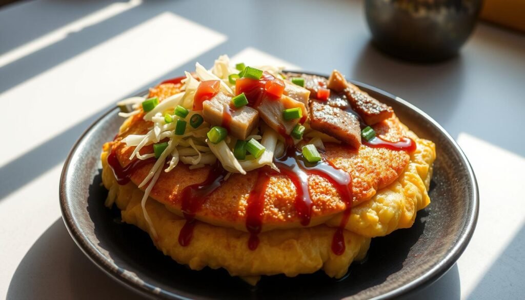 A savory Japanese pancake (okonomiyaki) on a ceramic plate, with a crisp golden exterior and a fluffy interior. The pancake is topped with generous amounts of shredded cabbage, scallions, pork belly, and a savory sauce drizzled over the top. The scene is brightly lit from the side, casting soft shadows and highlighting the texture of the ingredients. The background is a minimalist, clean Japanese-inspired setting, with wooden accents and a simple pattern or texture. The overall mood is mouthwatering and inviting, capturing the essence of this classic Japanese street food. A savory Japanese pancake (okonomiyaki) on a ceramic plate, with a crisp golden exterior and a fluffy interior. The pancake is topped with generous amounts of shredded cabbage, scallions, pork belly, and a savory sauce drizzled over the top. The scene is brightly lit from the side, casting soft shadows and highlighting the texture of the ingredients. The background is a minimalist, clean Japanese-inspired setting, with wooden accents and a simple pattern or texture. The overall mood is mouthwatering and inviting, capturing the essence of this classic Japanese street food.