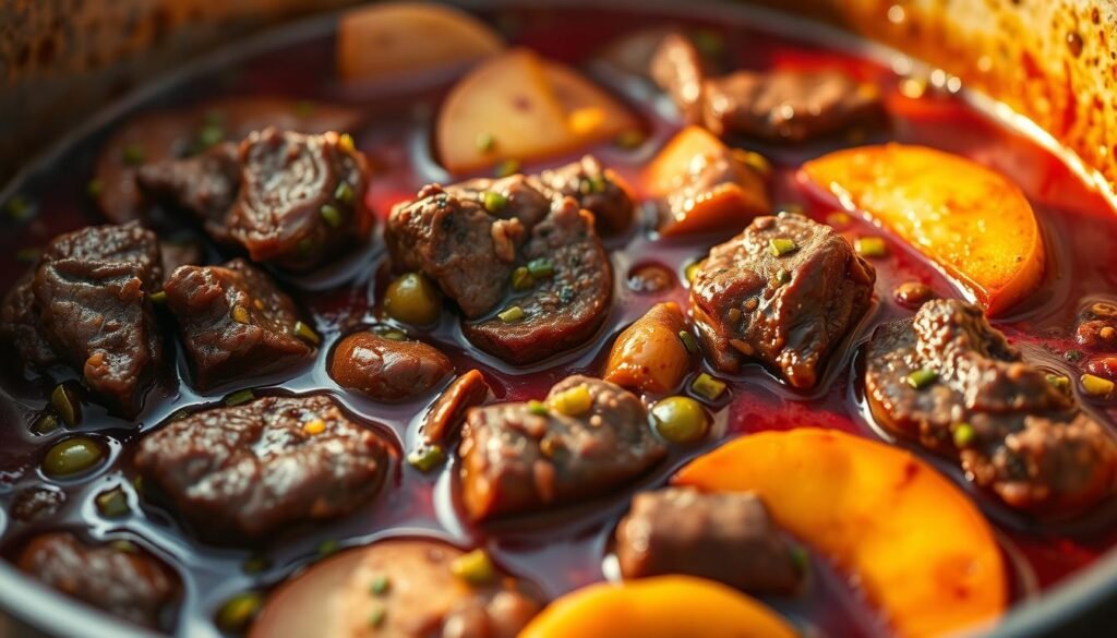 A simmering pot of rich Caribbean beef stew, its deep burgundy broth glistening with flecks of green okra. The tender chunks of beef are infused with the robust flavors of garlic, thyme, and a hint of allspice, their surfaces seared to a caramelized crust. Slices of ripe plantain and potatoes nestle among the stew, complementing the hearty, comforting dish. The scene is bathed in warm, golden light, casting a cozy, inviting atmosphere. A shallow depth of field keeps the foreground in sharp focus, drawing the viewer's attention to the enticing textures and colors of the stew.