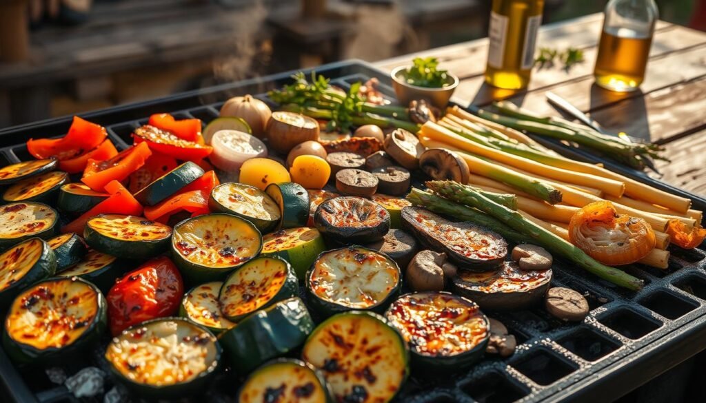 A sizzling array of fresh, vibrant vegetables seared to perfection on a charcoal-fueled grill. In the foreground, juicy zucchini, bell peppers, and eggplant slices caramelized to a golden brown, their char lines glistening under the warm afternoon sun. In the middle ground, a selection of grilled onions, mushrooms, and asparagus spears, their flavors mingling in the smoky air. The background features a rustic wooden table, with a scattering of fresh herbs and a bottle of flavorful olive oil, setting the stage for a delectable summer feast. The scene is bathed in a soft, golden light, creating a welcoming and appetizing atmosphere.