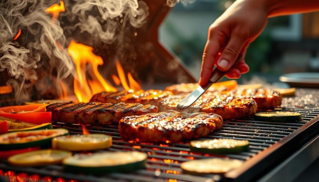 A sizzling summer scene, a BBQ grill ablaze with glowing embers, casting a warm, golden glow upon the grilled seitan cutlets sizzling and caramelizing to perfection. Wisps of aromatic smoke curl upwards, complemented by the vibrant colors of grilled vegetables - juicy tomatoes, crisp bell peppers, and tender zucchini slices. The grill's metal grates glisten, reflecting the flickering flames beneath. In the foreground, a chef's skilled hands carefully tending to the seitan, expertly flipping and basting with a glossy, umami-rich marinade. The overall atmosphere is one of outdoor culinary mastery, a celebration of plant-based grilling in the height of summer.