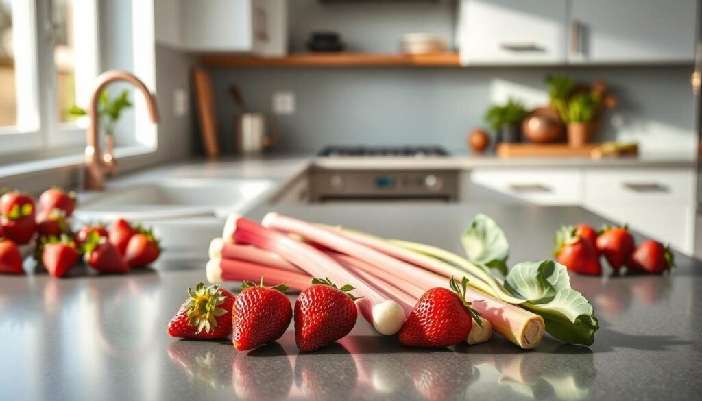 A sleek, modern kitchen counter with a precise balance of fresh strawberries and vibrant rhubarb stalks, meticulously arranged in a harmonious composition. Crisp natural lighting illuminates the scene, creating a sense of culinary perfection. Hints of copper or stainless steel baking tools subtly complement the organic colors, reflecting the careful precision required to achieve the ideal strawberry-rhubarb ratio. The overall atmosphere exudes a sense of balance, inviting the viewer to envision the delectable dessert or preserve that will emerge from this perfectly poised display of ingredients.