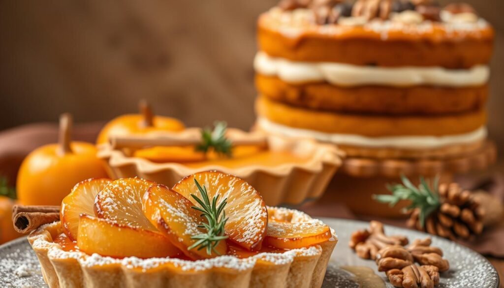 A sophisticated arrangement of autumnal desserts, set against a warm, cozy background. In the foreground, a delicate tart crowned with glistening slices of caramelized pears, accented by cinnamon sticks and a dusting of powdered sugar. In the middle ground, a rich, velvety pumpkin pie with a flaky crust, surrounded by sprigs of rosemary and a drizzle of golden honey. In the background, a towering layered cake, its amber-hued frosting evoking the changing leaves outside, adorned with candied walnuts and a sprinkling of nutmeg. Soft, diffused lighting casts a harmonious glow, creating an inviting, intimate atmosphere perfect for savoring the flavors of the season.