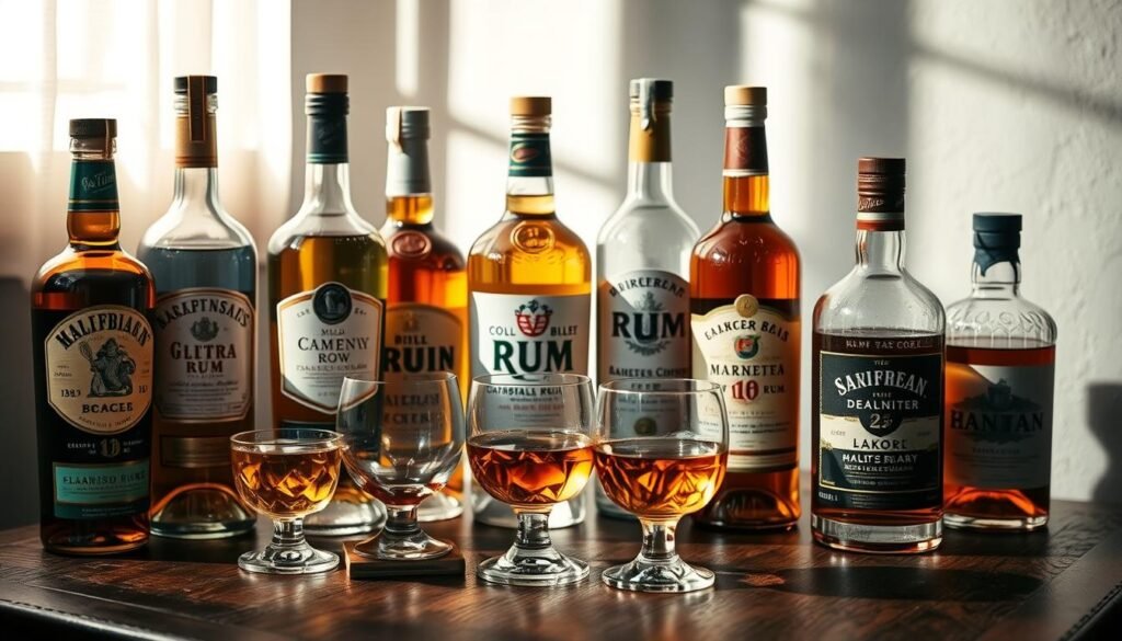 A sophisticated still life showcasing an assortment of Caribbean rum bottles and glasses, artfully arranged on a wooden table. The rums range from clear to golden hues, with intricate labels and distinct bottle shapes reflecting the region's diverse rum traditions. Soft, warm lighting casts gentle shadows, creating a cozy, inviting atmosphere. The scene is captured from a slightly elevated angle, allowing the viewer to appreciate the textural details of the wooden surface, the subtle reflections in the glass, and the careful curation of the rum selection. This image evokes the essence of Caribbean mixology, highlighting the rich, flavorful spirits that form the foundation of iconic island cocktails.