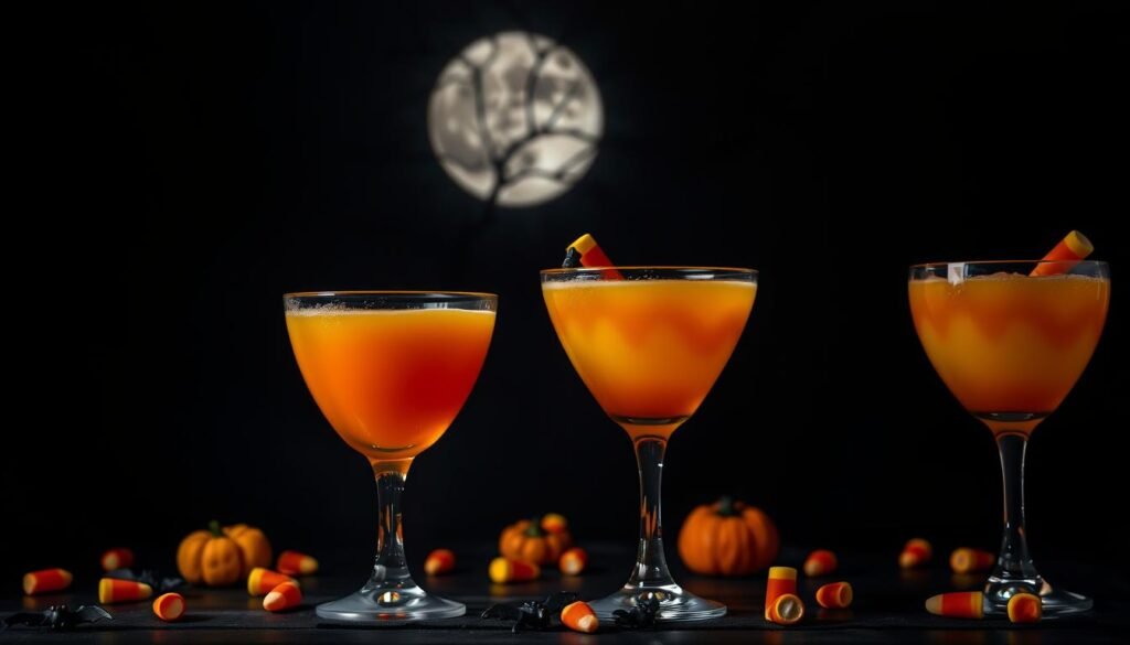 A spooky Halloween scene featuring a trio of candy corn-inspired cocktails. In the foreground, three glasses filled with a vibrant orange-and-yellow layered liquid, garnished with candy corn and small gummy bats. The middle ground shows a dark, moody backdrop with a haunting full moon and silhouetted bare tree branches. Dramatic low-angle lighting casts long shadows, creating an eerie, unsettling atmosphere. The overall mood is whimsical yet slightly unsettling, perfectly capturing the spirit of the holiday. The image is captured with a shallow depth of field, drawing the viewer's eye to the decorative garnishes that elevate these devilishly delightful Halloween drinks.