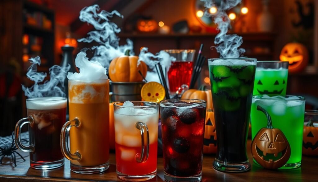 A spooky yet festive scene of non-alcoholic Halloween beverages, captured in a warm, moody lighting. In the foreground, a variety of colorful drinks - steaming mugs of pumpkin spice latte, fizzing black cherry sodas, and eerie green punch with dry ice vapor. In the middle ground, a mix of spooky glassware and decorative elements like carved pumpkins, spider webs, and grinning jack-o'-lanterns. The background features a dimly lit, cozy interior with moody lighting, creating an inviting and atmospheric setting for this family-friendly Halloween display.