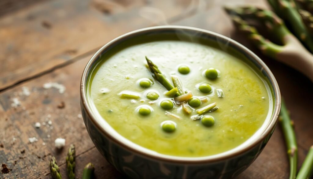 A steaming bowl of creamy asparagus pea soup, set against a rustic background of earthy tones. The vibrant green hues of the blended vegetables contrast beautifully with the soft, velvety texture. Slivers of bright green asparagus spears and tender peas float atop the soup, adding a delightful visual interest. The lighting is soft and diffused, creating a cozy, inviting atmosphere. The camera angle is slightly elevated, allowing the viewer to appreciate the intricate details and the overall harmony of the seasonal dish. This image encapsulates the essence of a nourishing, homemade soup that celebrates the bounty of nature.