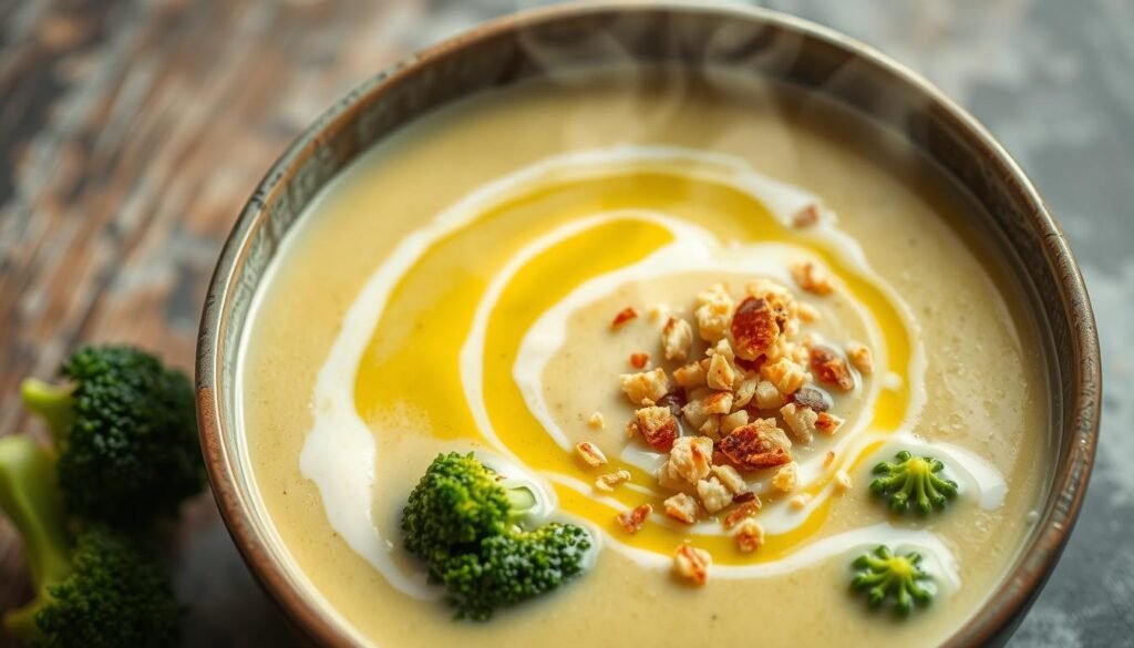 A steaming bowl of creamy broccoli soup, its velvety texture shimmering under soft, diffused lighting. Vibrant green florets float amidst a rich, silky broth, punctuated by delicate swirls of heavy cream. Garnished with a drizzle of fragrant olive oil and a sprinkling of toasted breadcrumbs, imparting a subtle crunch. The scene evokes a sense of comfort and indulgence, perfectly capturing the essence of a veggie-packed creamy soup. Presented with an elegant, minimalist composition, the focus drawn to the soup's irresistible appeal.